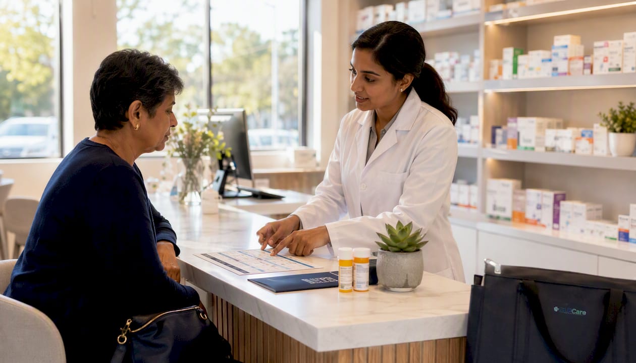 Patient discussing insurance with pharmacist at counter