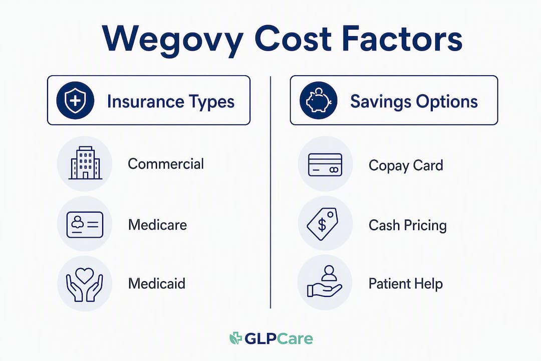 Infographic comparing insurance and savings factors in Wegovy cost