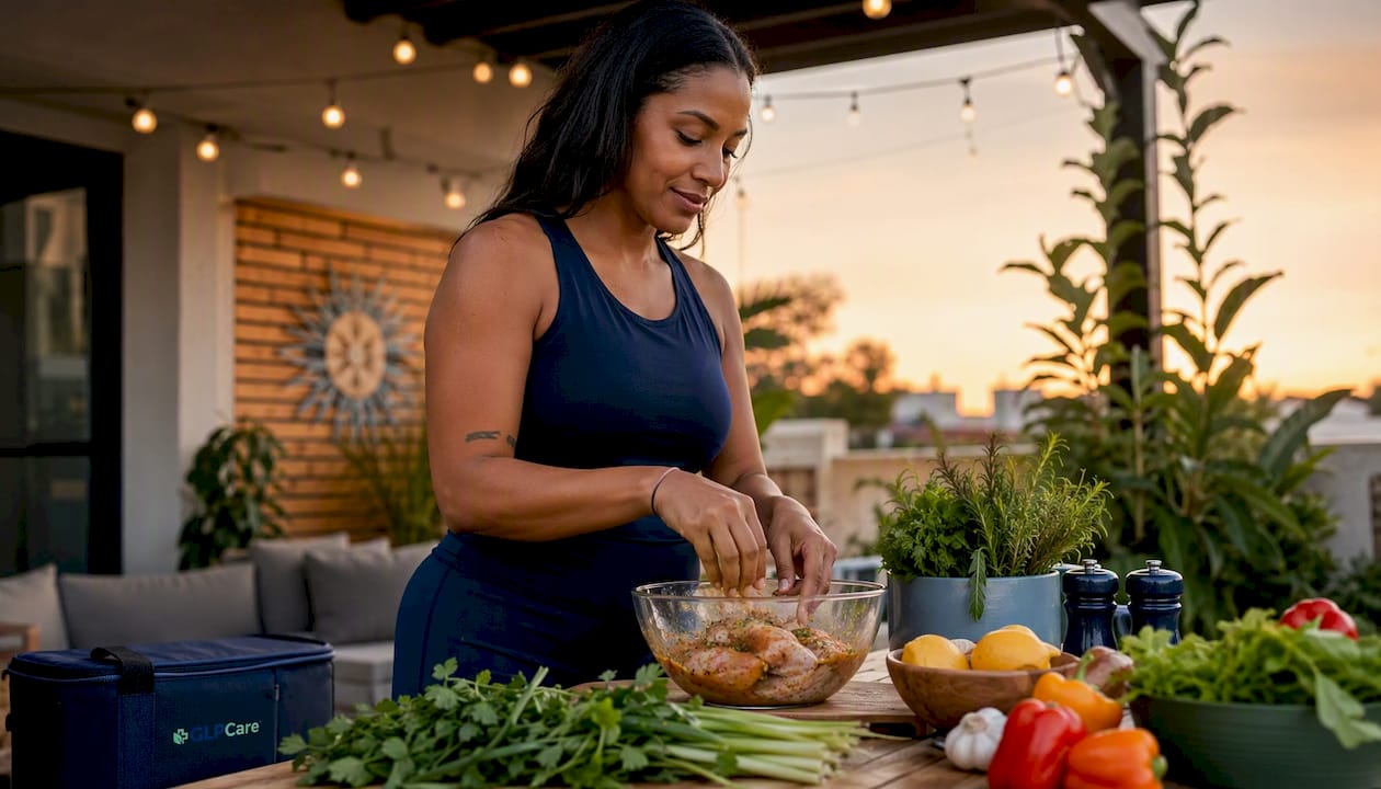 Woman preparing protein-rich meal in kitchen