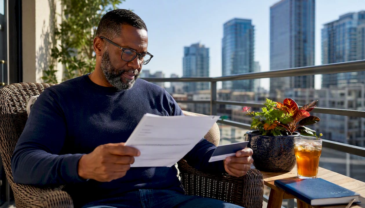 Man reviewing insurance savings documents at desk