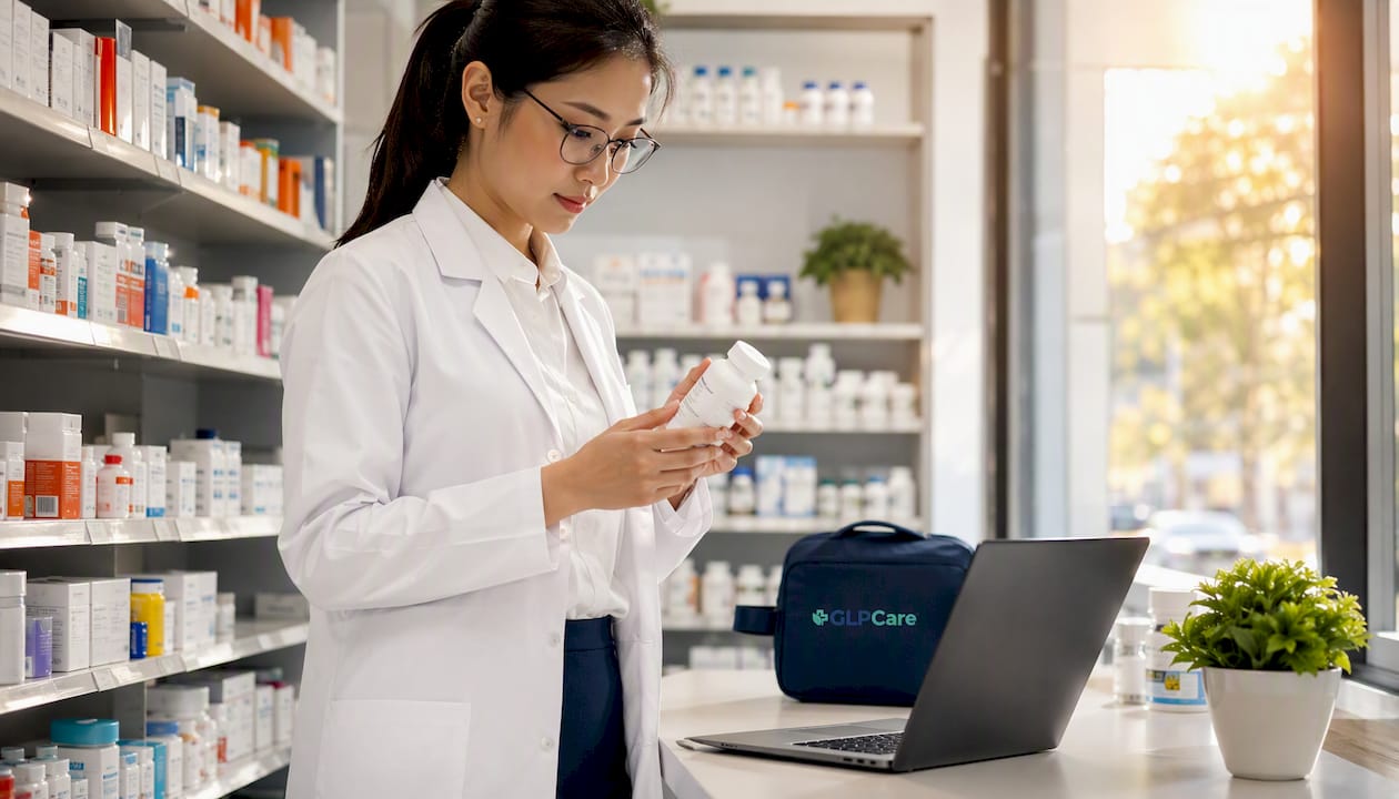 Pharmacist reviewing dosages at clinic counter