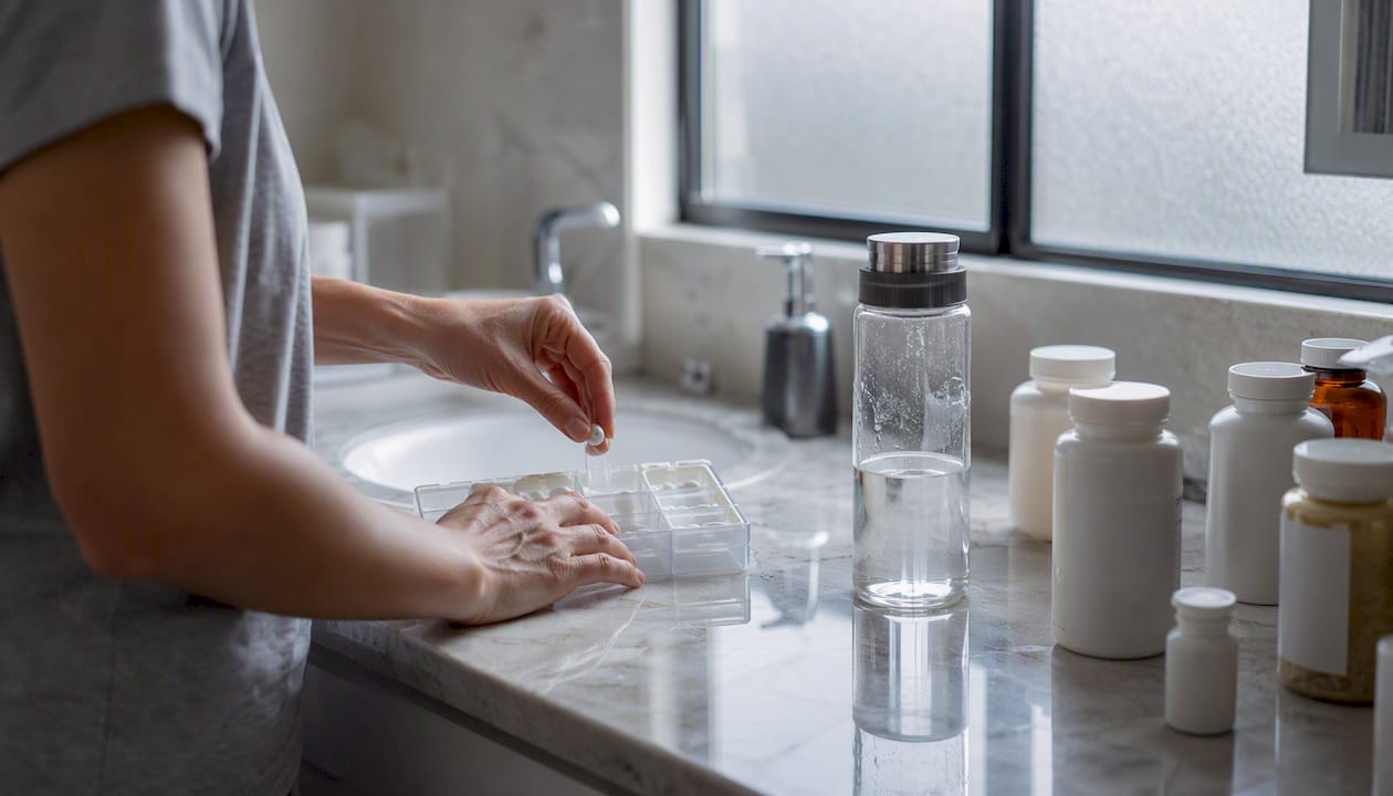 Hands organizing morning medications near water glass