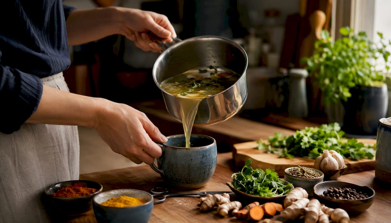 Hands pouring salted broth in kitchen