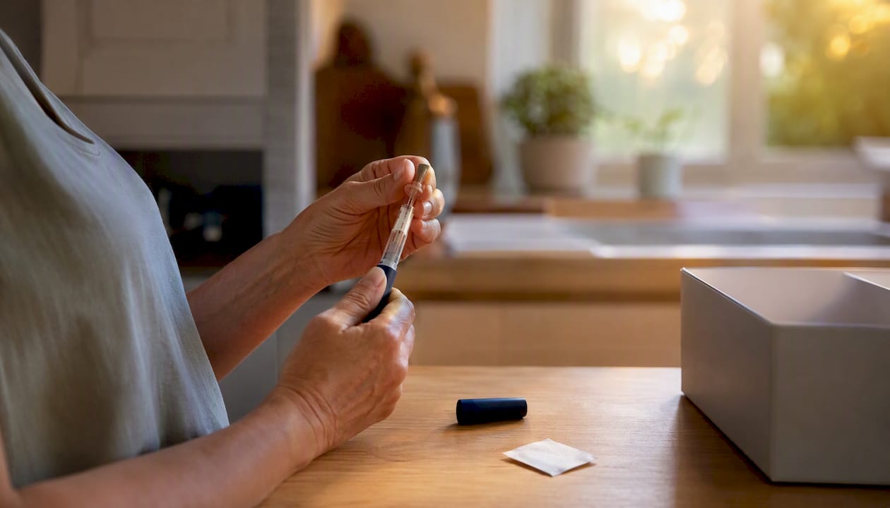 Hands preparing GLP-1 injection at home
