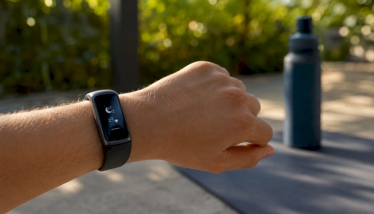 Close-up of fitness band tracking health metrics