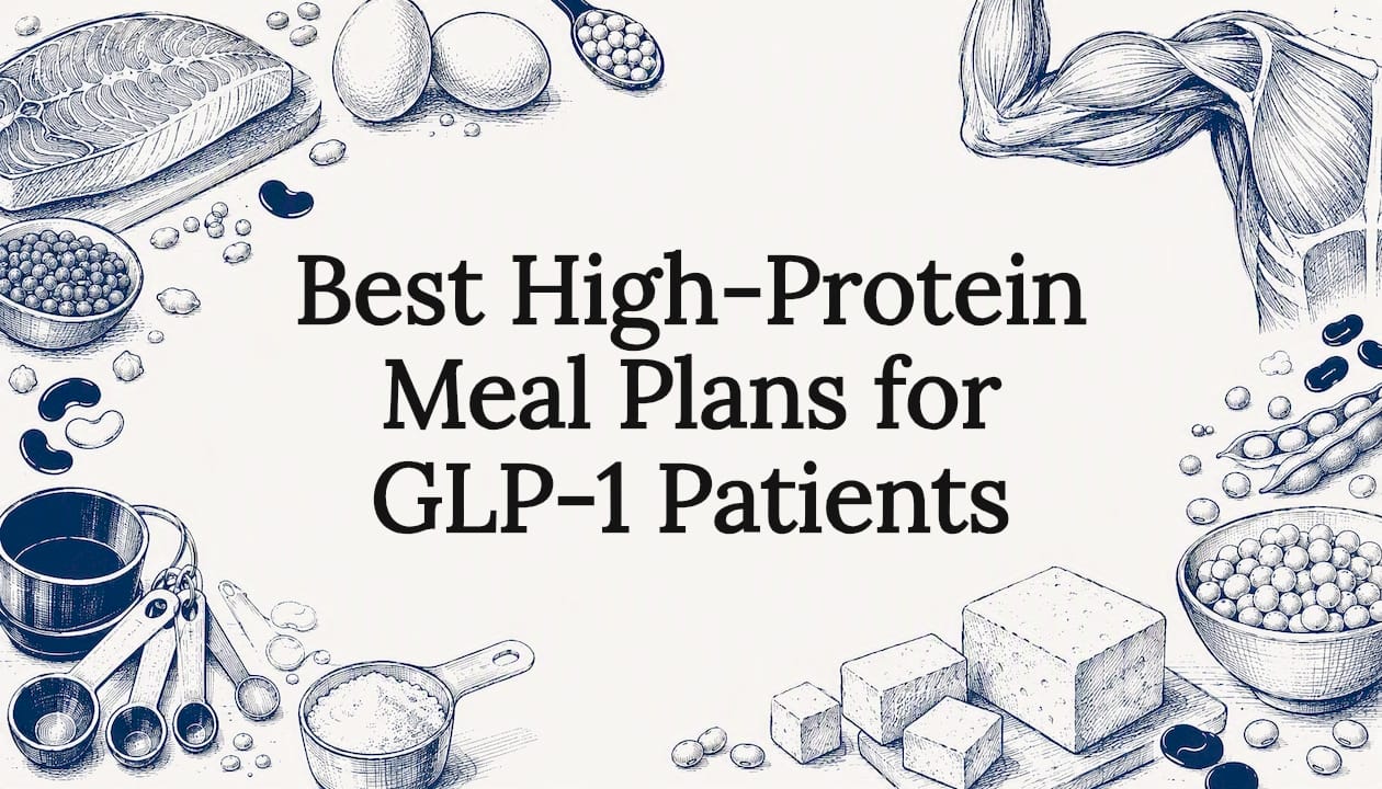 Decorative title card illustration with protein food and muscle sketches