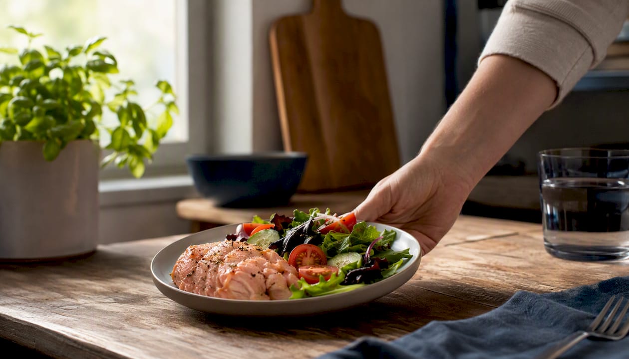 Hand plating high-protein canned salmon meal