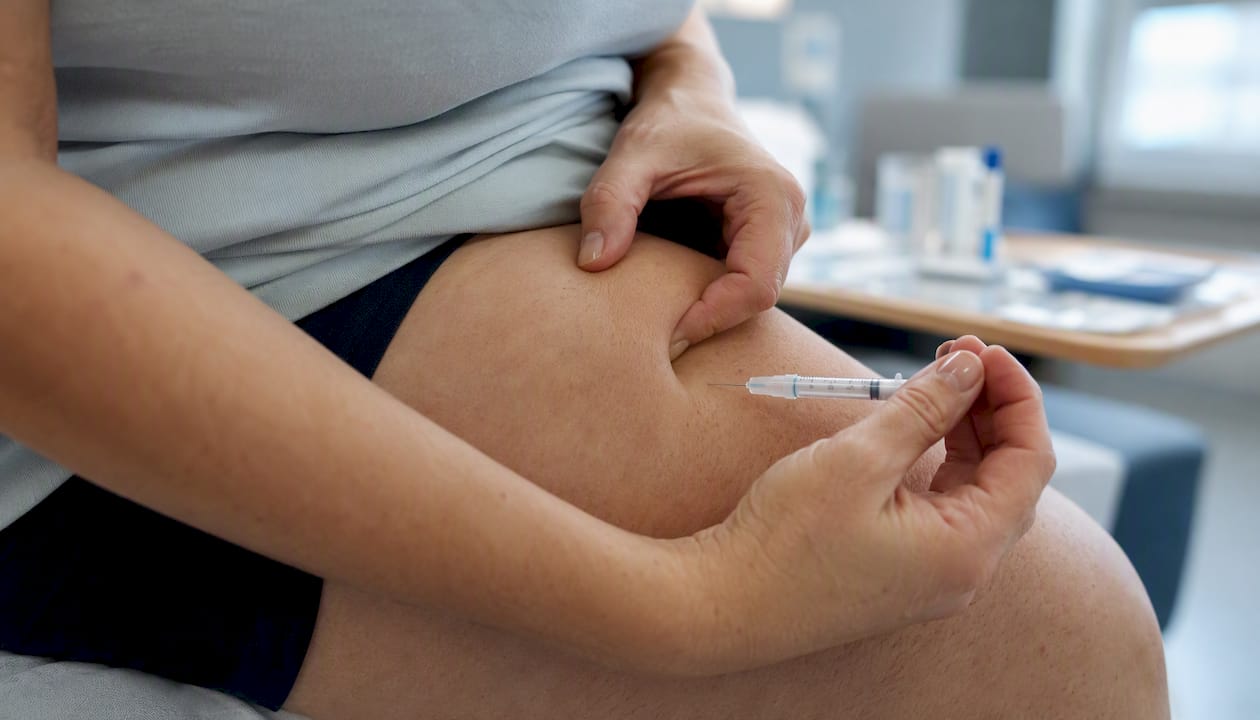 Hand preparing injection in front thigh