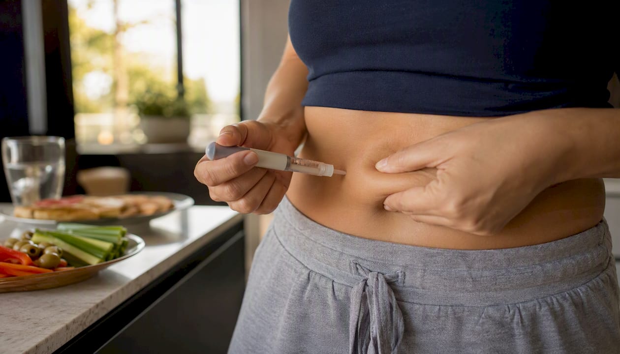 Hand injecting semaglutide into abdomen skin