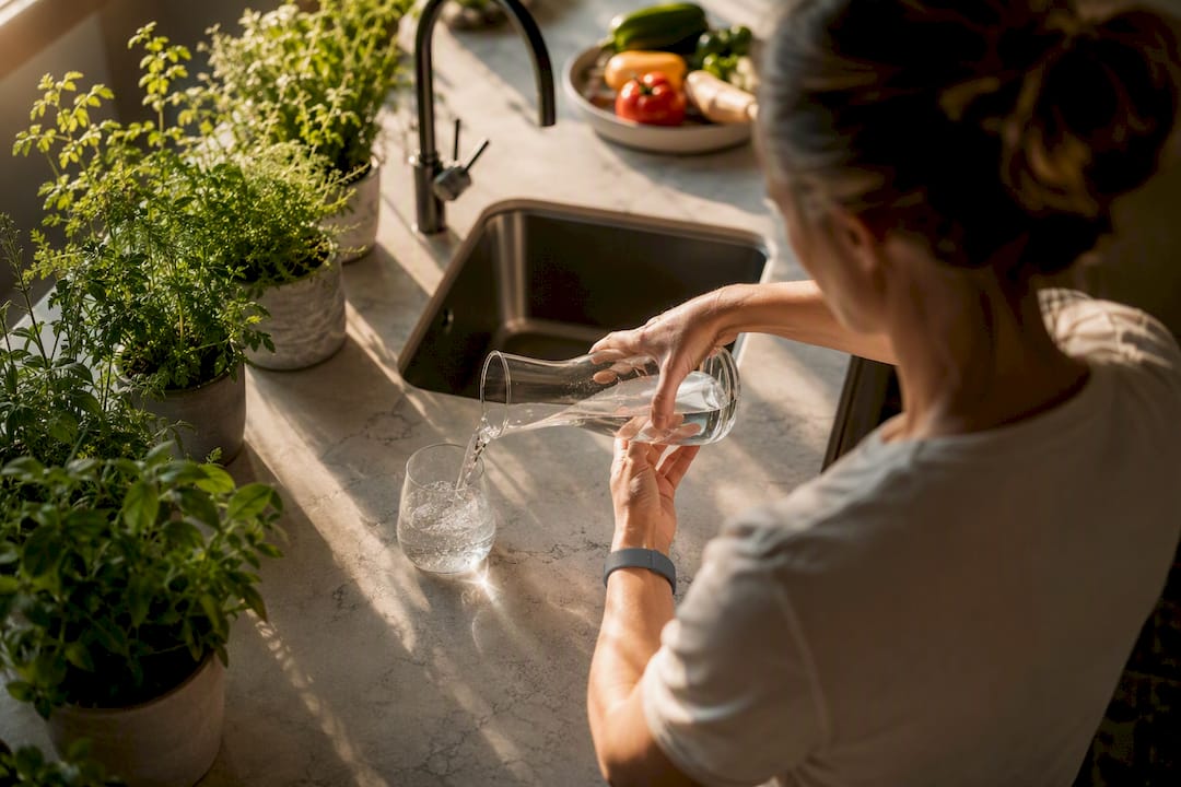 Person pouring water into glass for hydration
