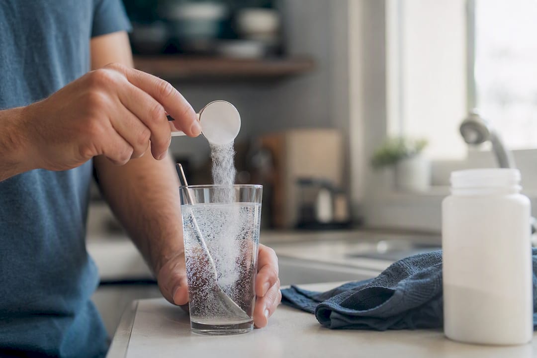 Hands mixing PEG 3350 laxative powder in glass