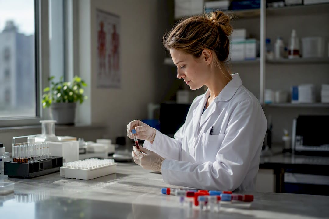 Hands preparing blood sample tube in clinical setting