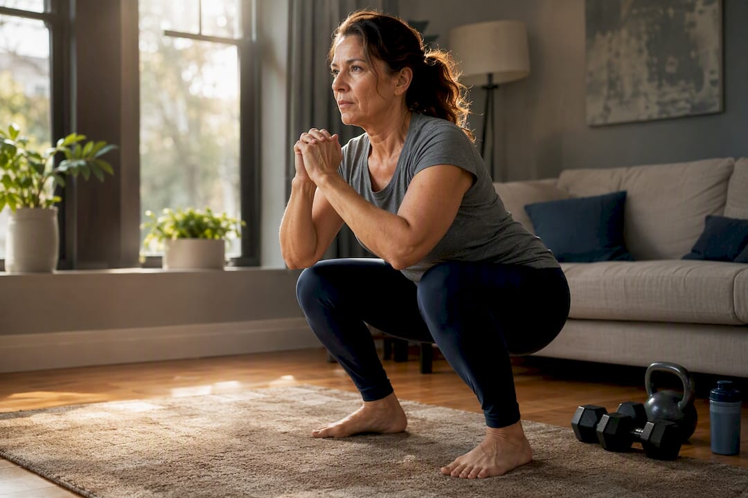Woman doing bodyweight squats at home
