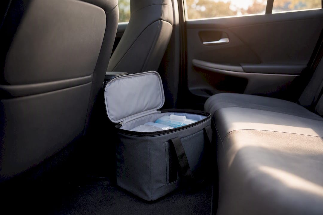 Medication cooler bag placed safely inside car passenger area