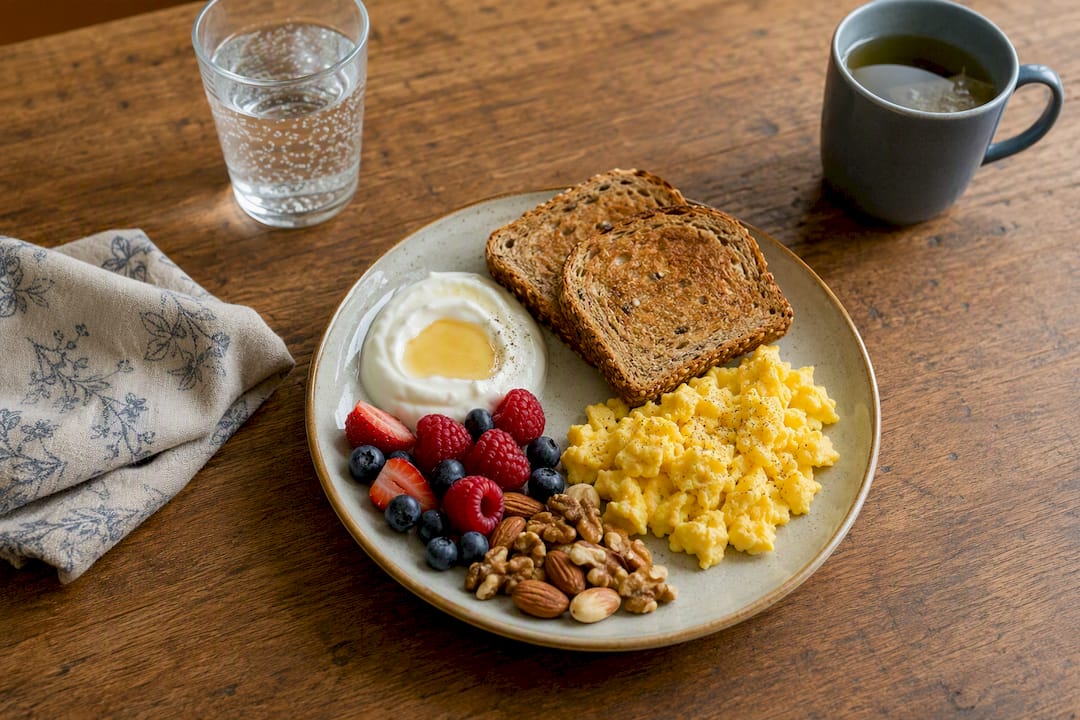 High-protein breakfast plate on a kitchen table