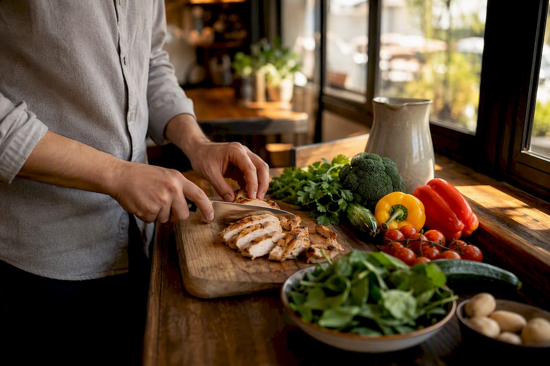 Hands cutting chicken breast for a healthy meal