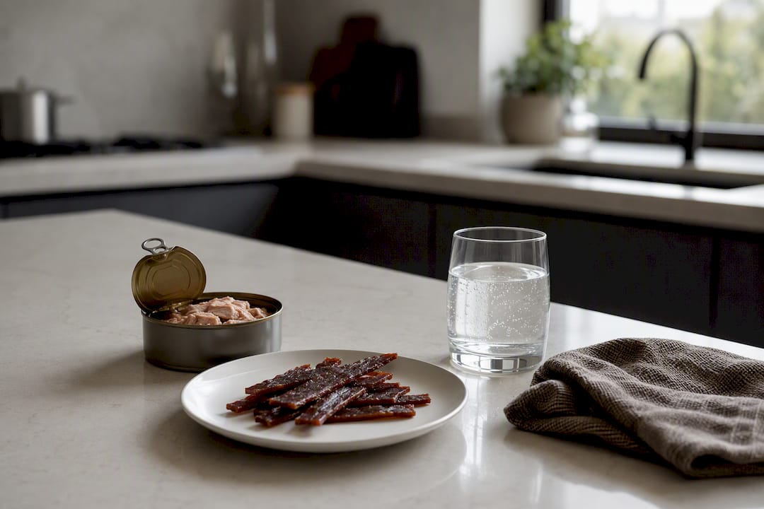 Canned tuna and jerky on wooden table