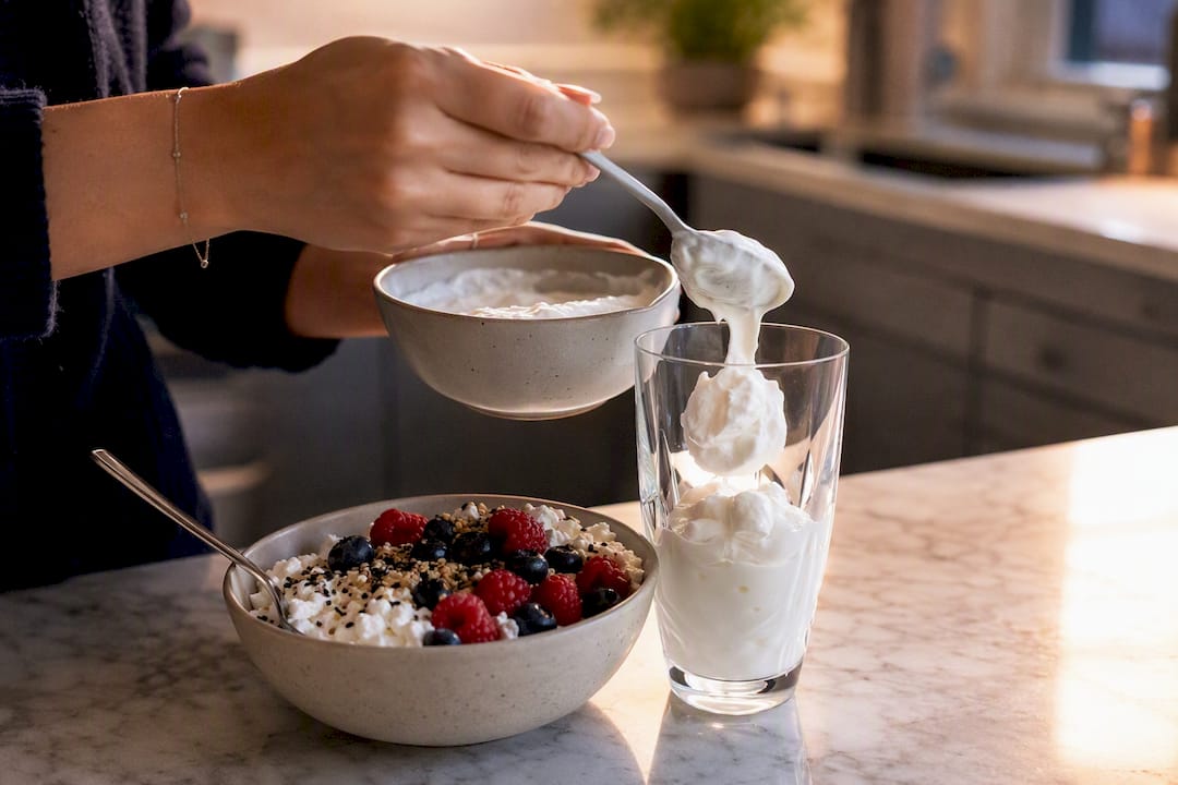 Hands serving Greek yogurt and cottage cheese