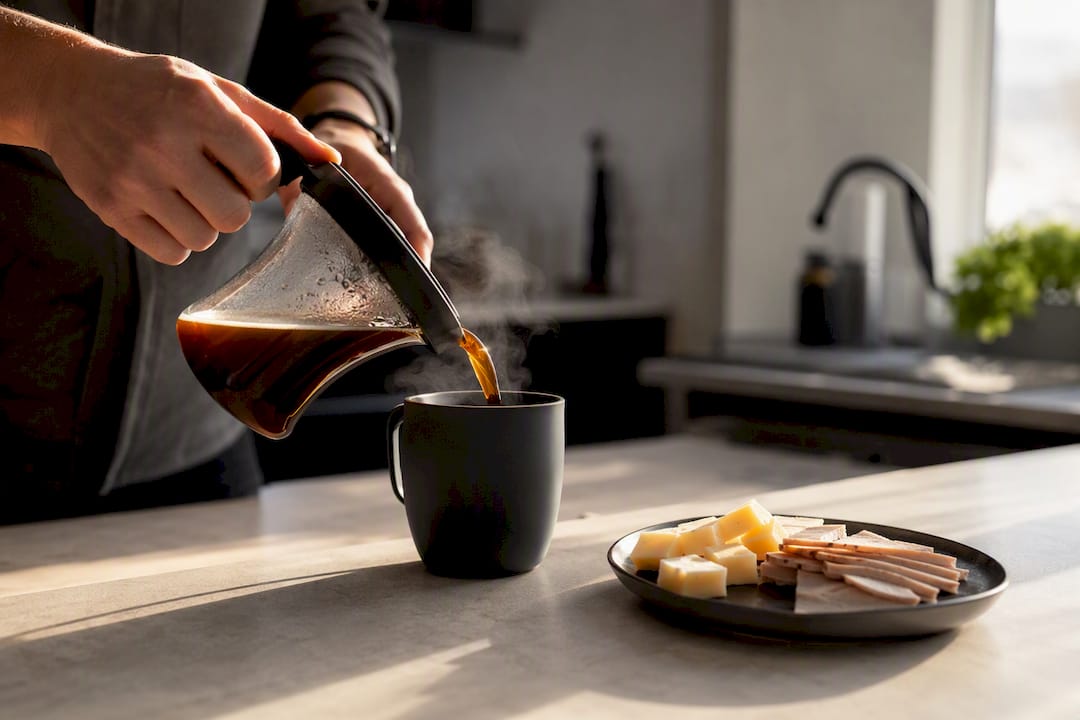 Hands pouring coffee near protein snack on counter