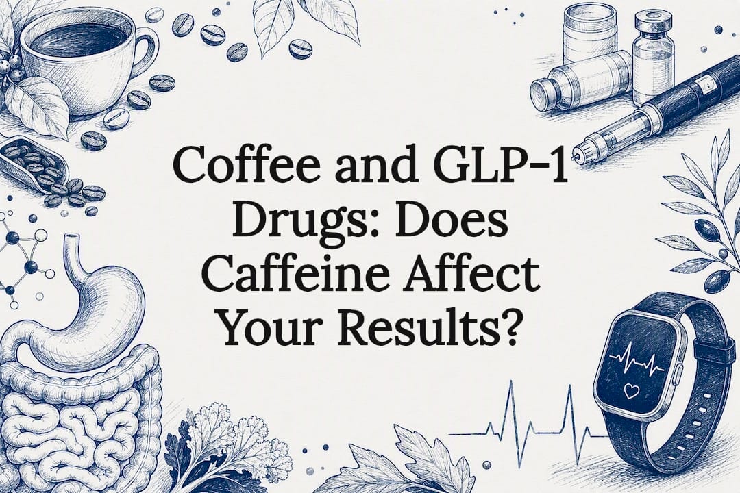 Decorative title card illustrating coffee and GLP-1 therapy concepts