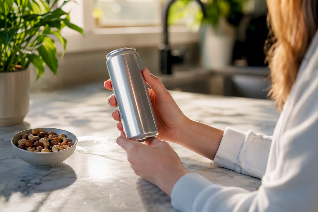 Hands holding generic energy drink can in kitchen