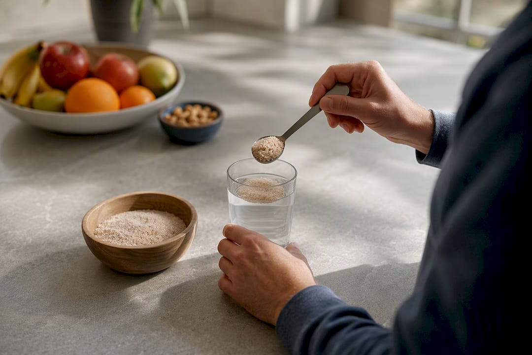 Hands adding psyllium fiber to water in kitchen