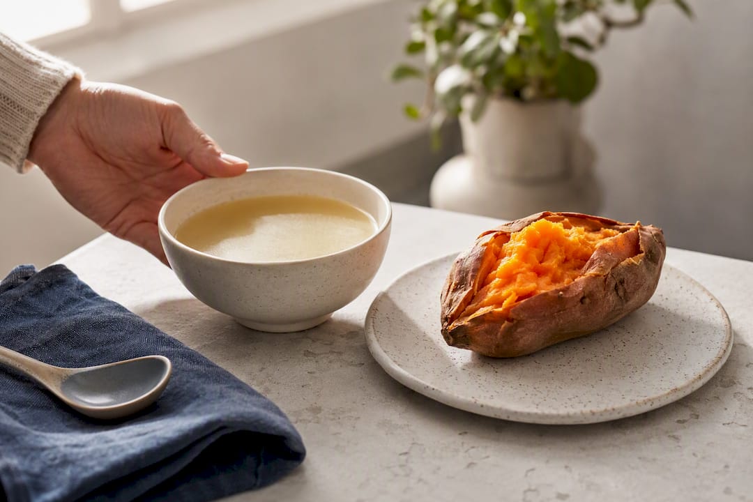 Clear broth and baked sweet potato meal