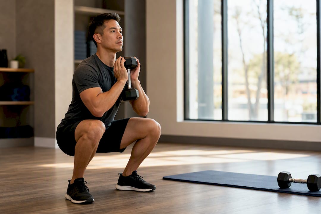 Adult performing a controlled dumbbell goblet squat