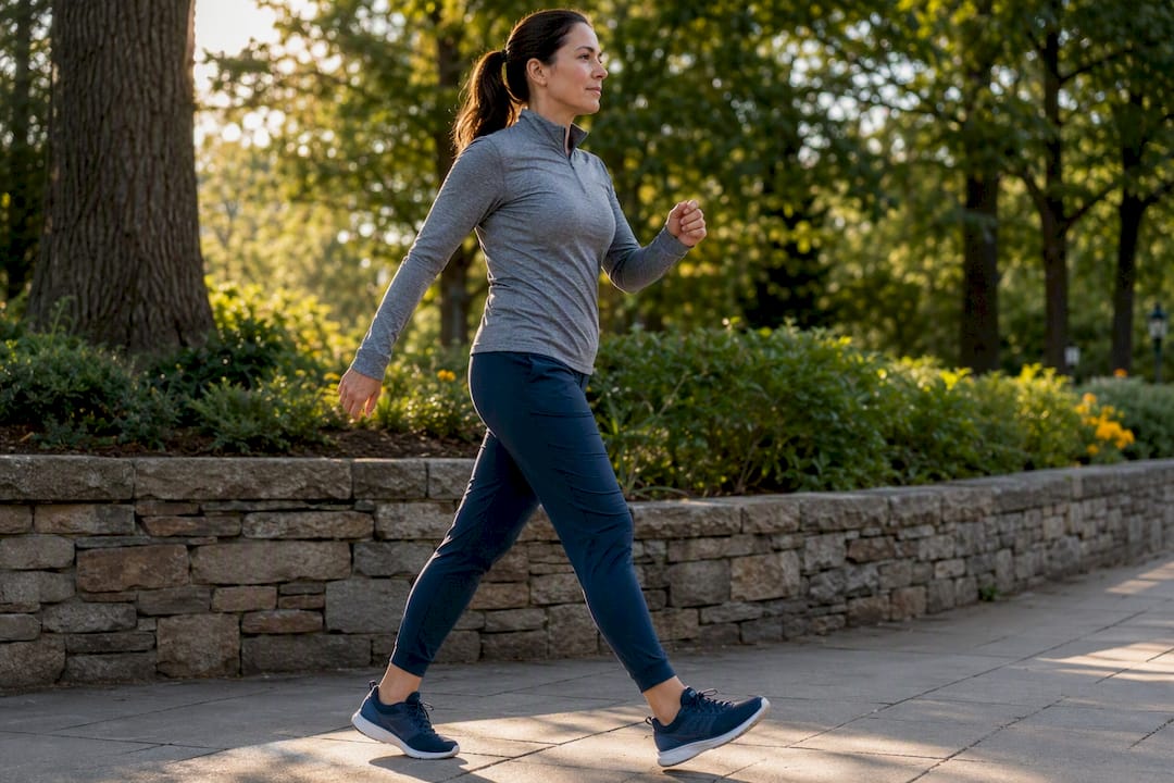 Adult maintaining a brisk walking pace outdoors