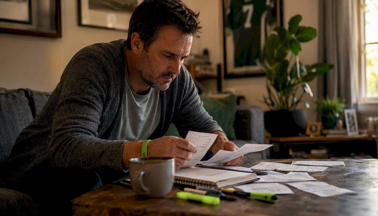 Person planning hedge bets at home table