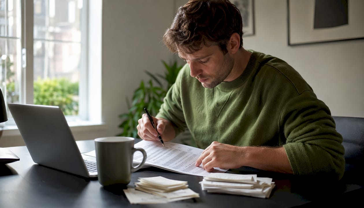 Man reviewing betting ledger at kitchen table