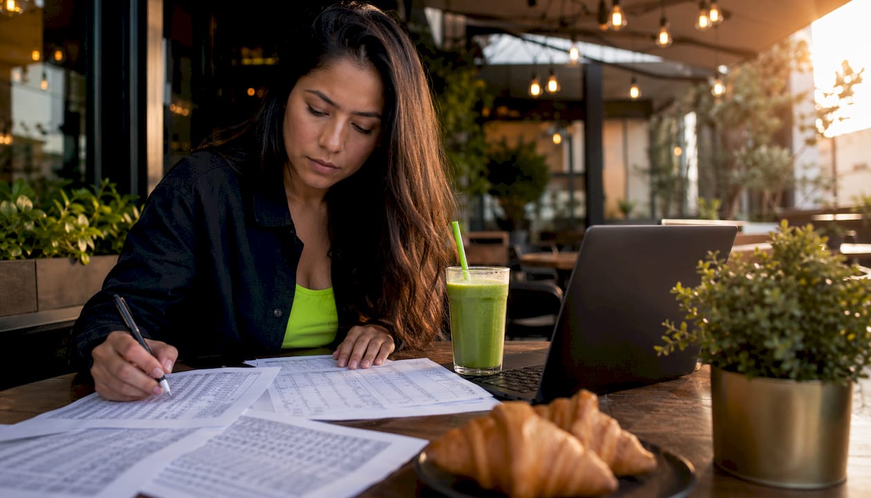Woman analyzing sportsbook odds sheets at table