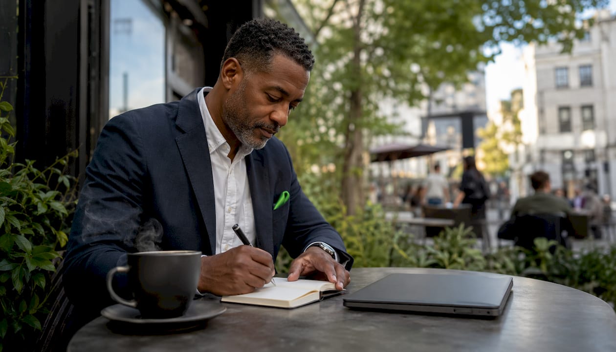 Man planning bankroll management at café