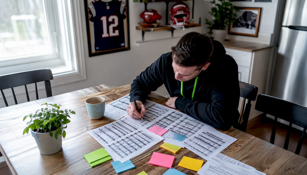 Man reviewing parlay picks at desk