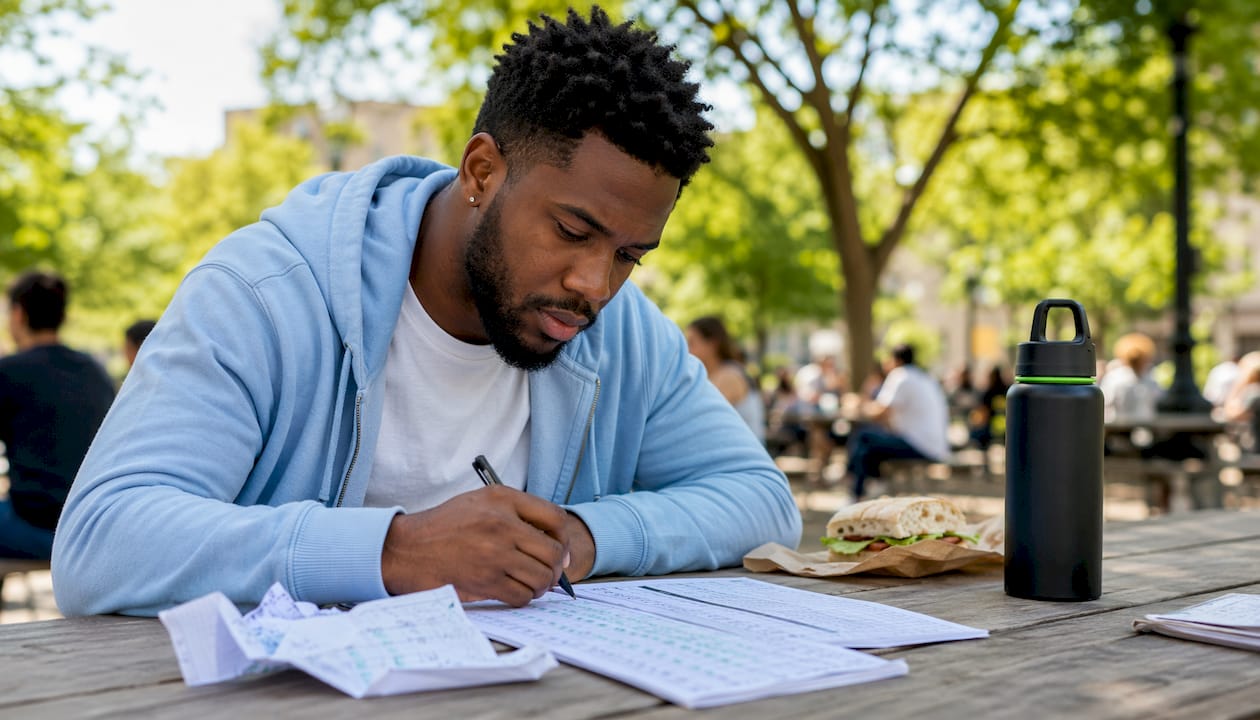 Sports bettor reviewing printed betting picks and notes