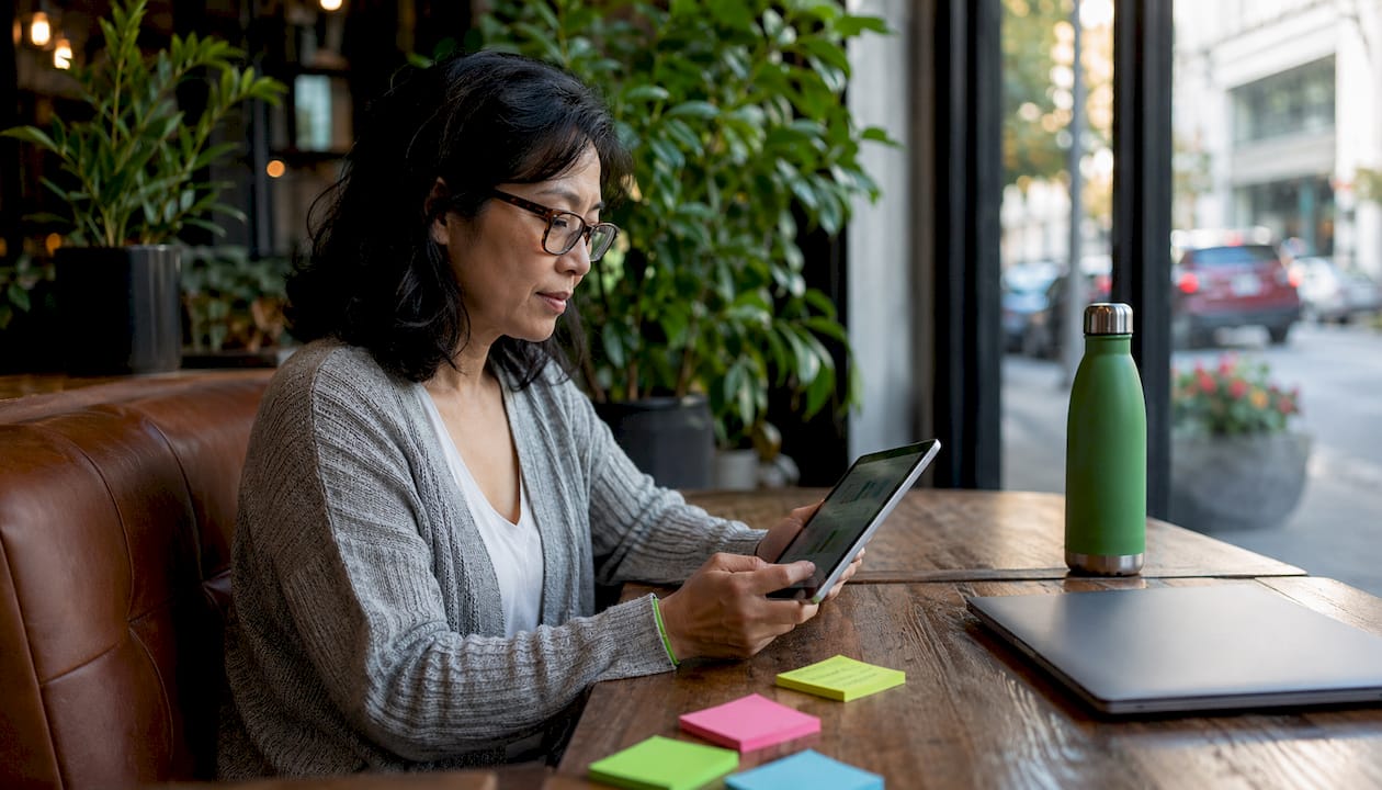 Woman using tablet and laptop for sports picks analysis