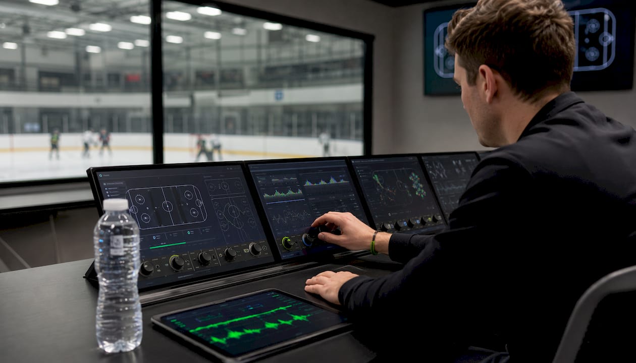 Hands interacting with NHL AI analytic equipment
