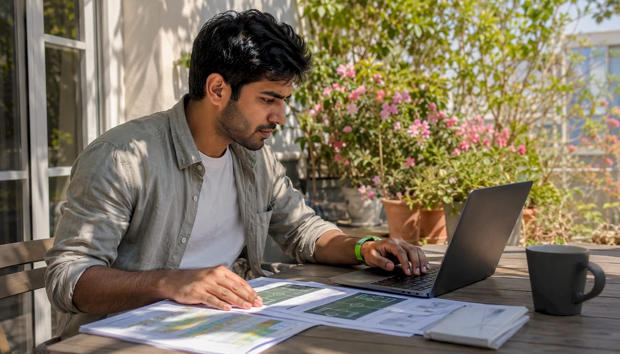 Man researching soccer player props at home desk