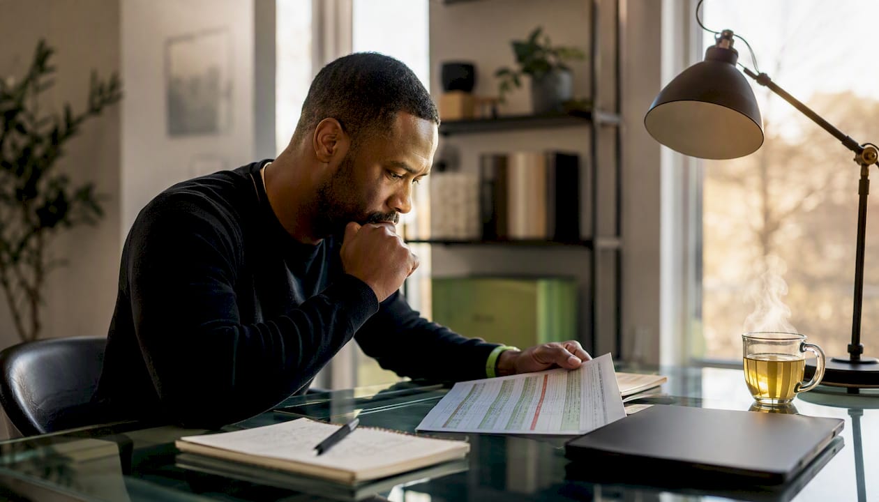 Man reviewing sports betting data at home