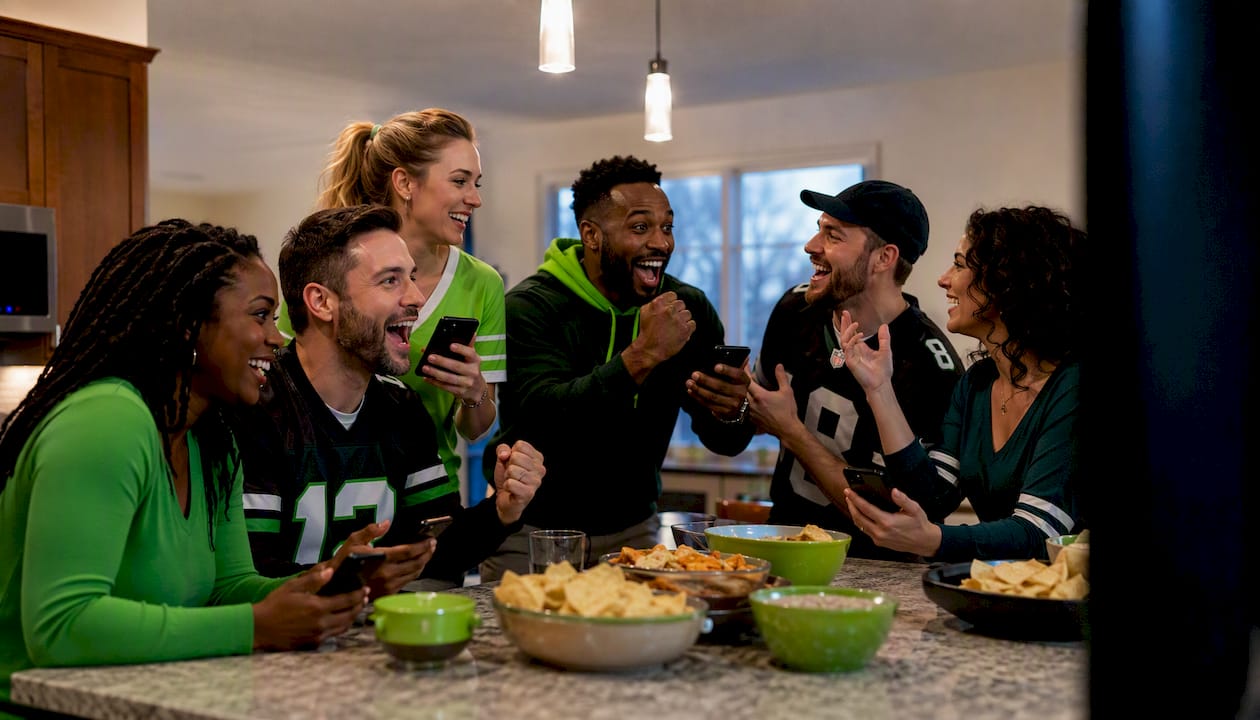Group of NFL fans watching game and checking bets