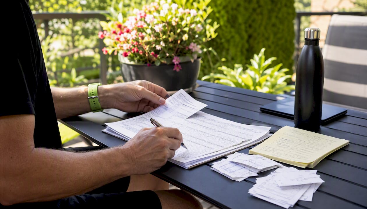 Hands reviewing betting slips for risk management