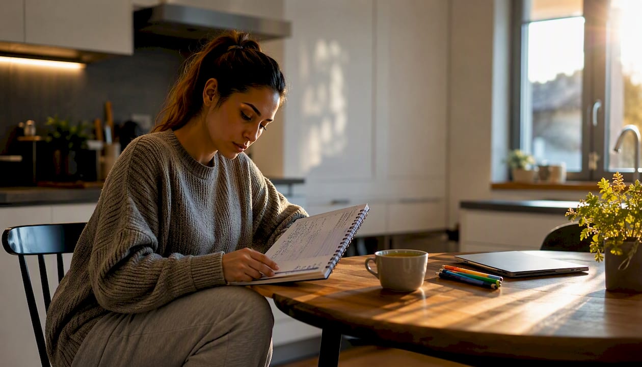 Woman reviewing bankroll growth notes at home