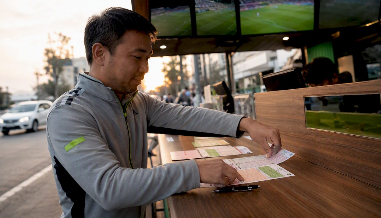 Hands placing sports bet slip at casino counter