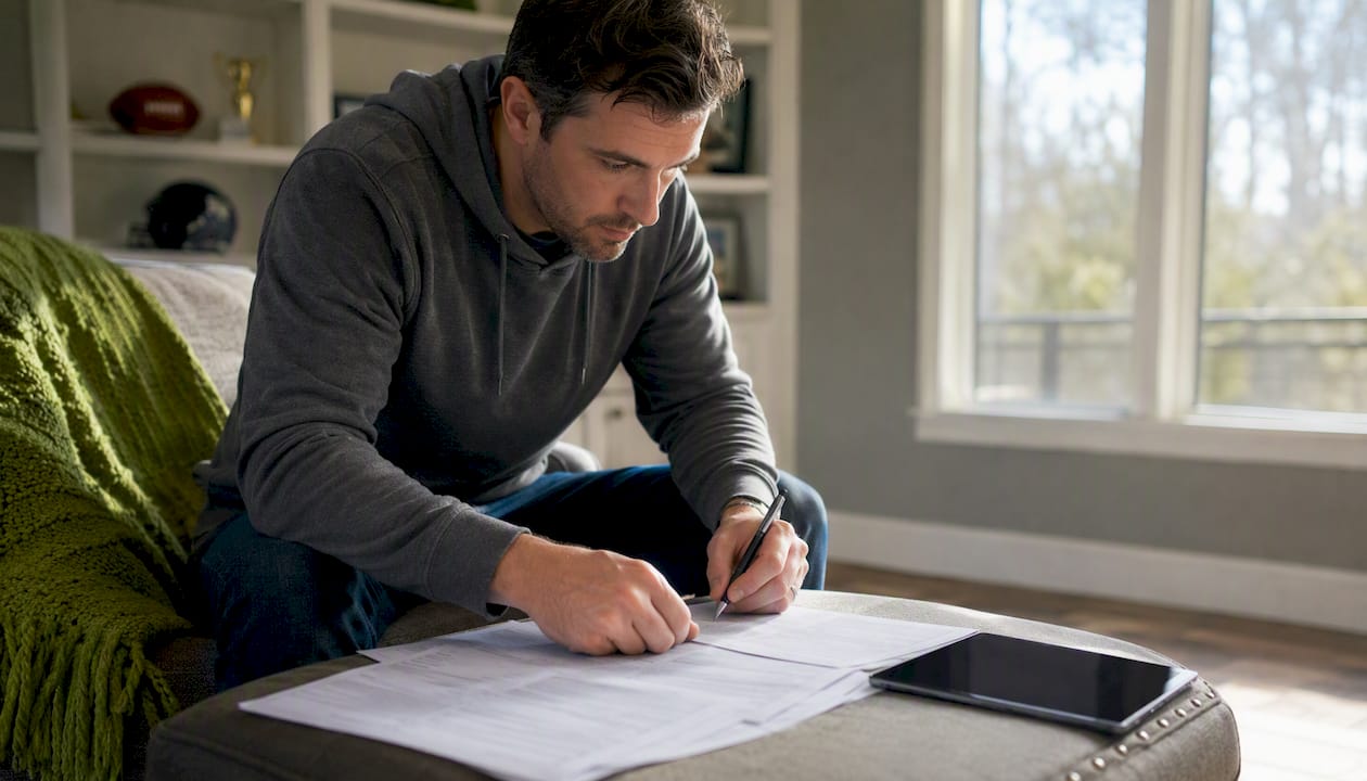 Sports bettor reviewing data with devices and papers