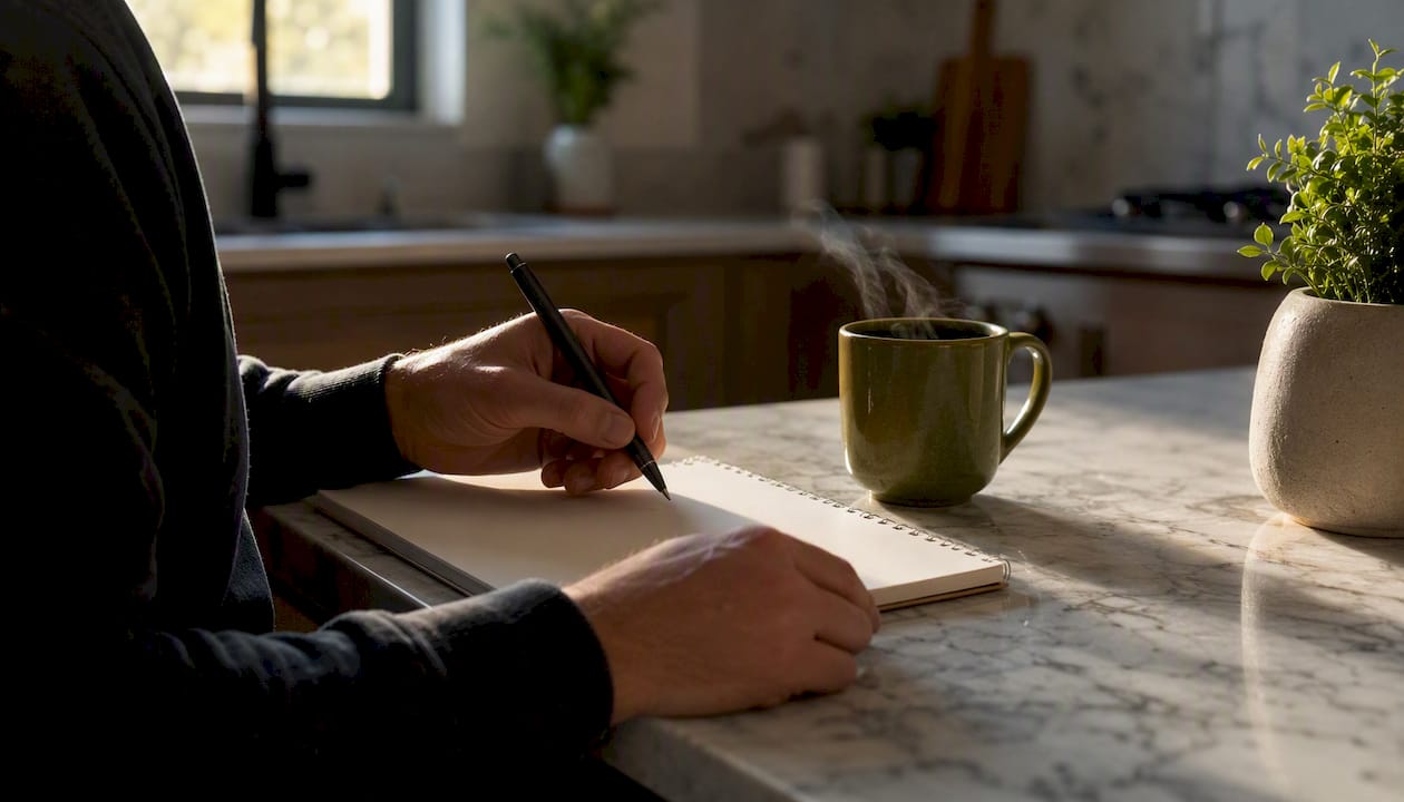 Hands holding pen over blank notebook and coffee cup