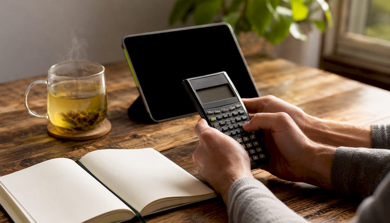 Hands calculating betting odds with calculator and phone