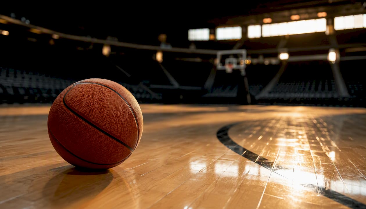 NBA basketball on polished court floor