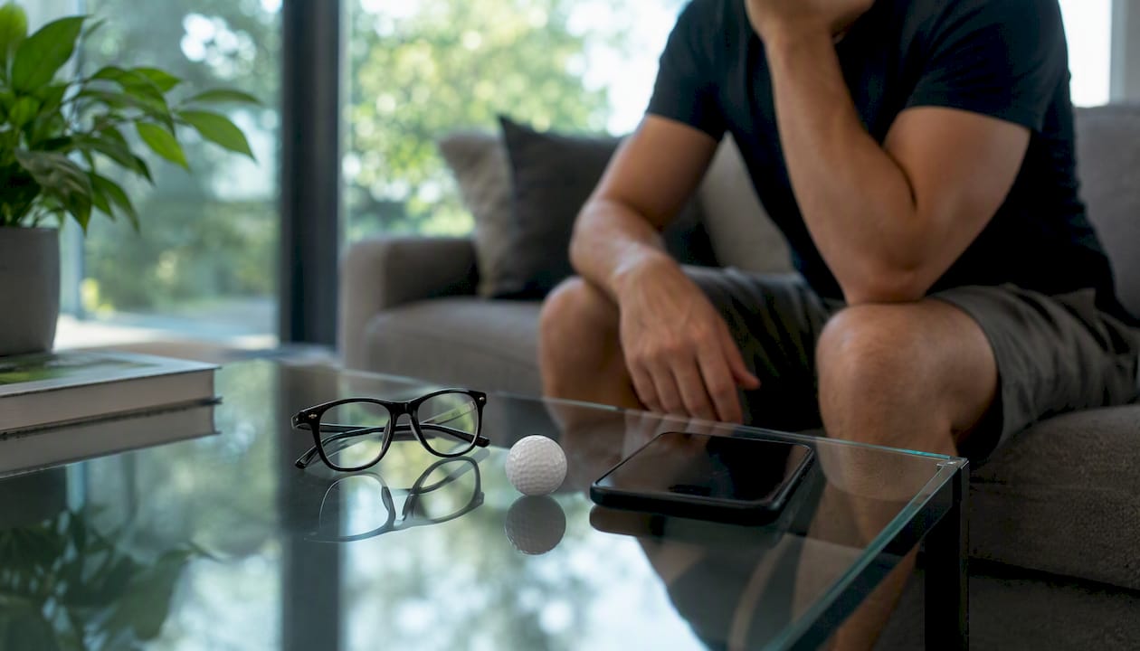 Golf ball and smartphones on desk suggesting betting odds comparison