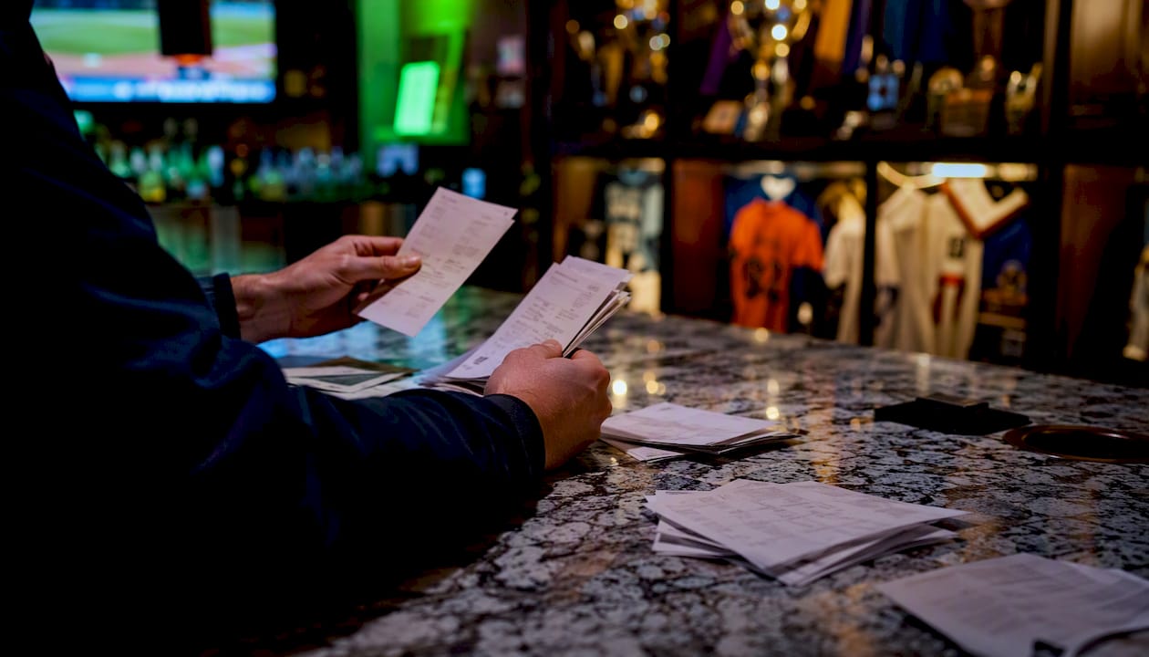 Hands arranging round robin betting slips