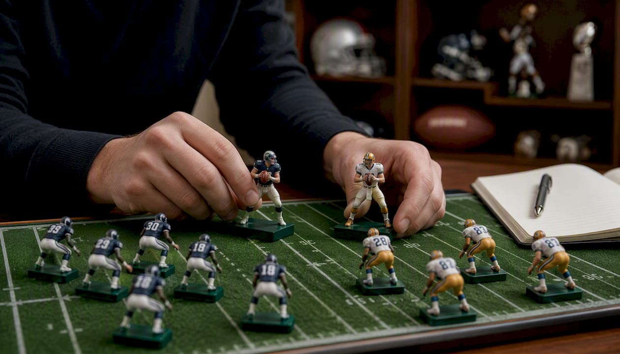 Hands pointing at two QB figurines on mock field